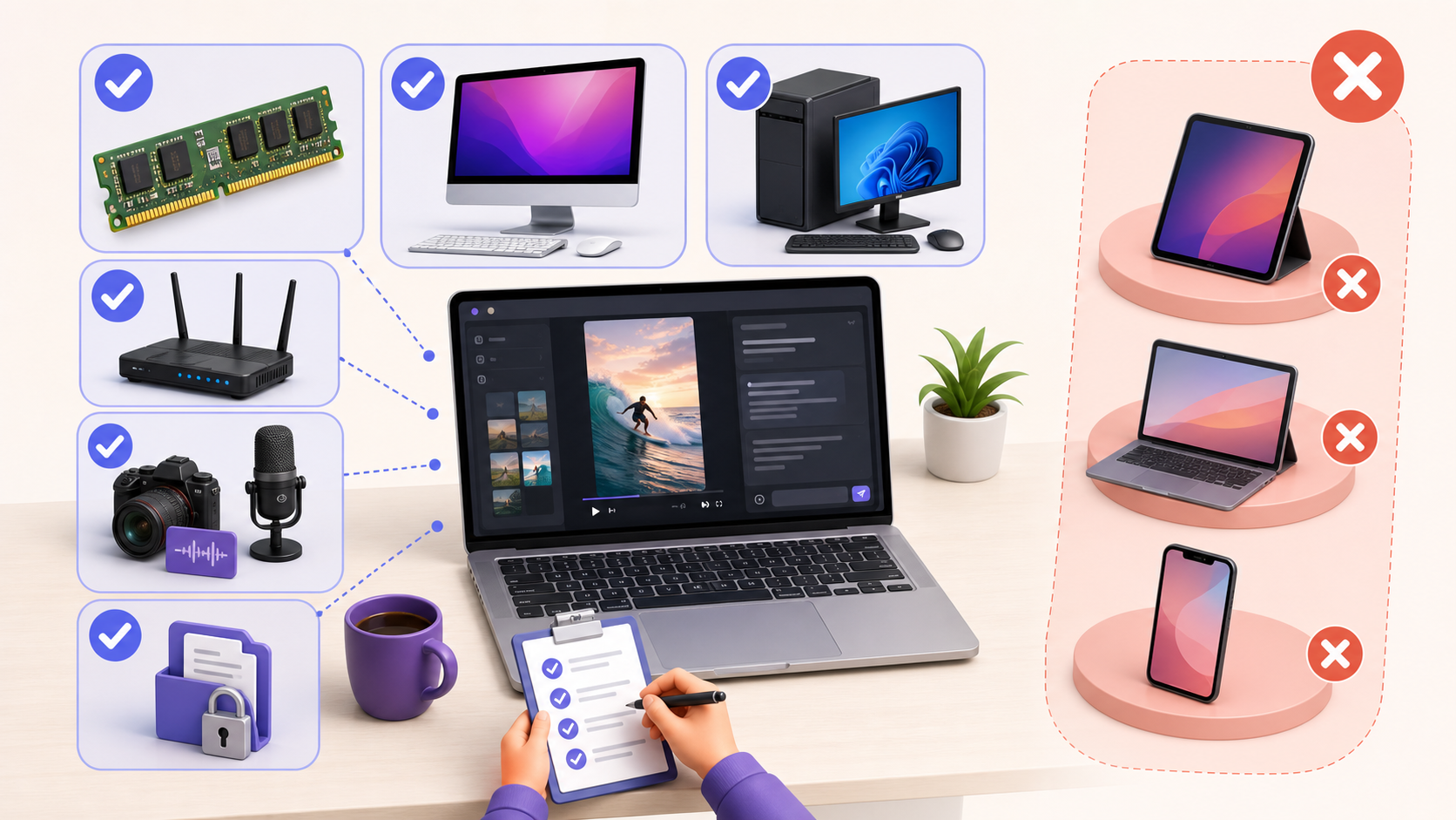 MacまたはWindowsのデスクトップPC、メモリ、ネット接続などの購入前環境チェック